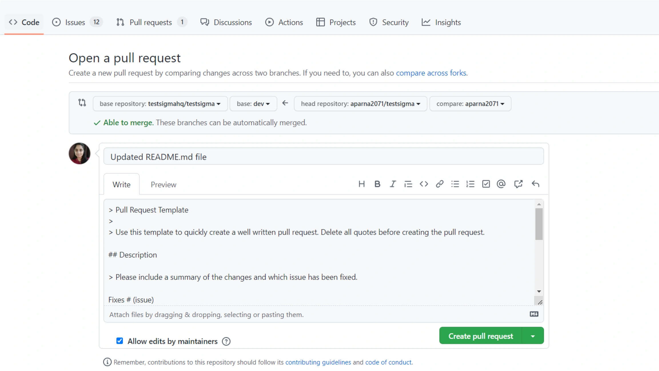 open and create a pull request